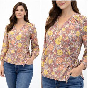 Pleione Coastal Wrap Blouse Pink and Yellow Floral Size medium